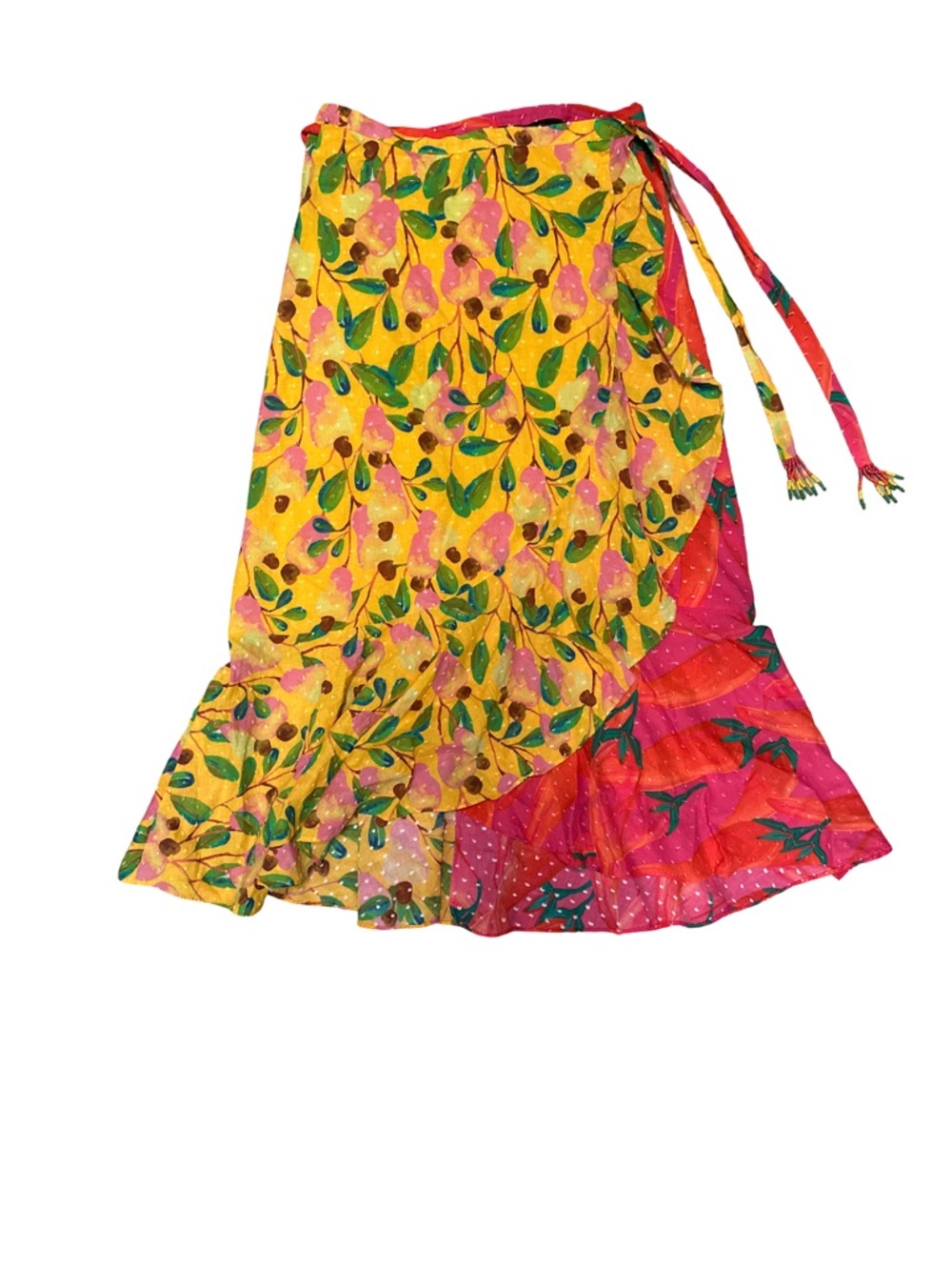 FARM Rio Yellow Floral & Pink Patchwork Asymmetrical Wrap Skirt